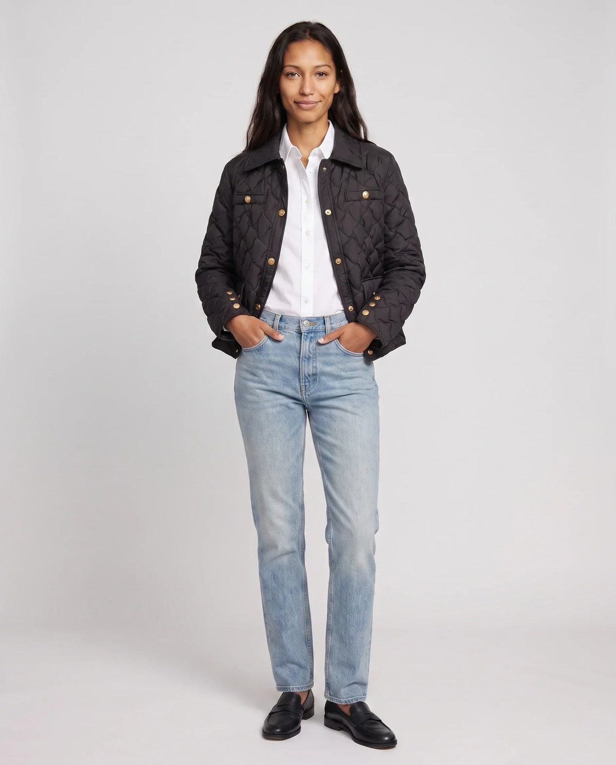 Quilted Jacket with Shirt Collar and Gold Poppers