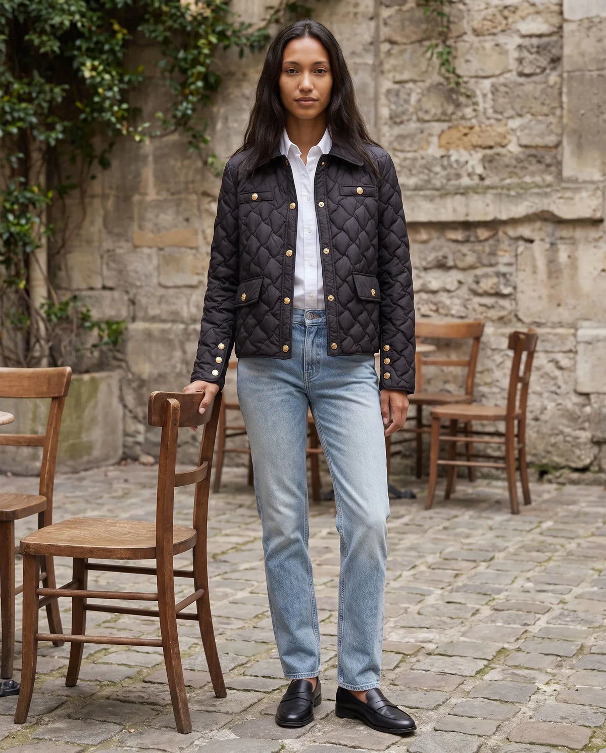 Quilted Jacket with Shirt Collar and Gold Poppers