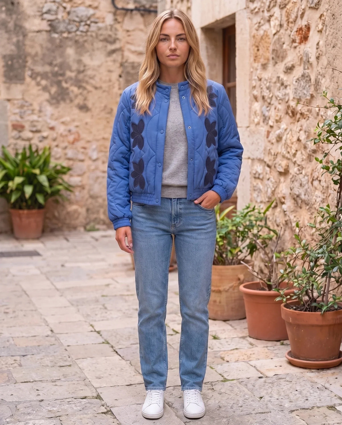 Quilted Jacket with Funnel Collar and Poppers