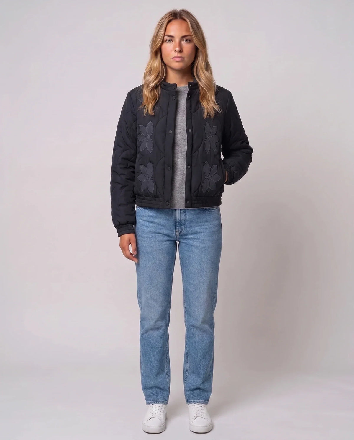 Quilted Jacket with Funnel Collar and Poppers