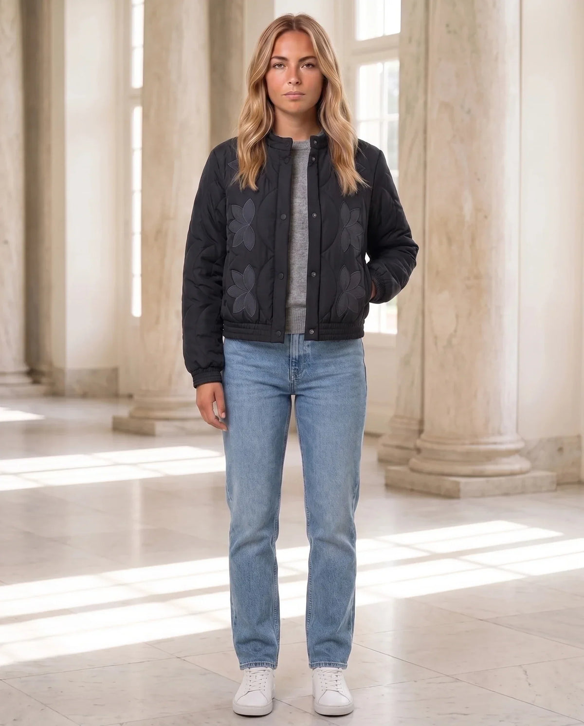 Quilted Jacket with Funnel Collar and Poppers