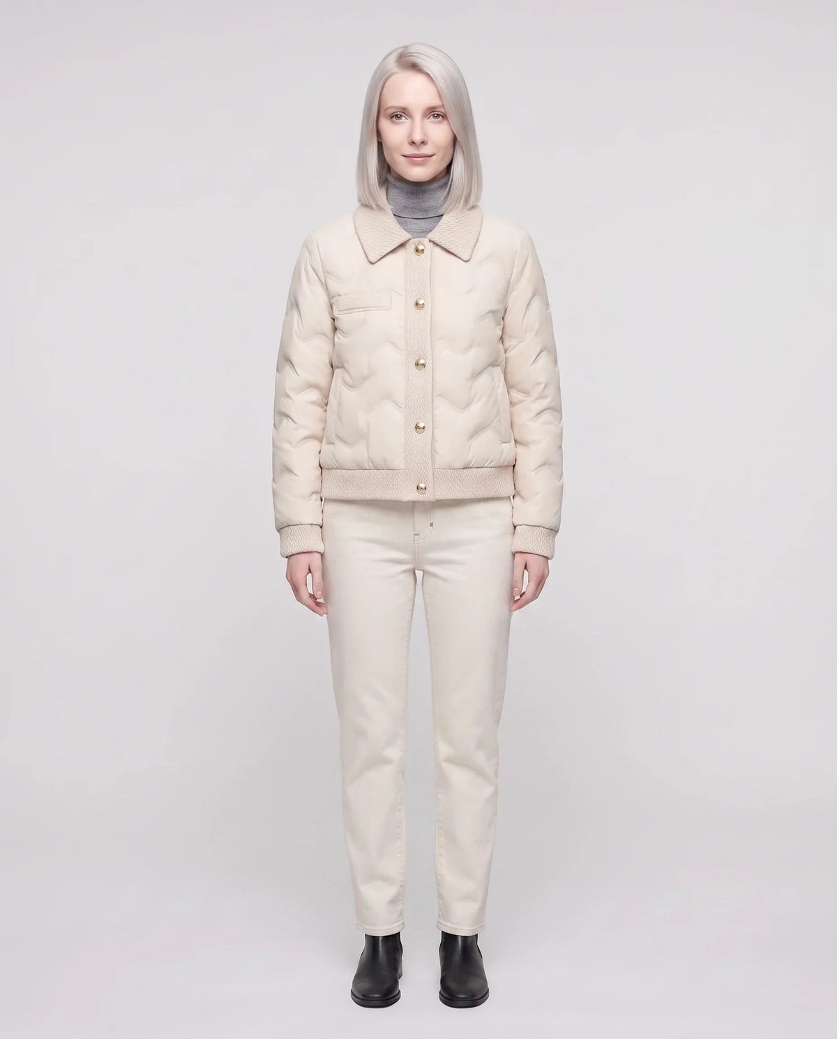 Short Quilted Jacket with Knit Collar