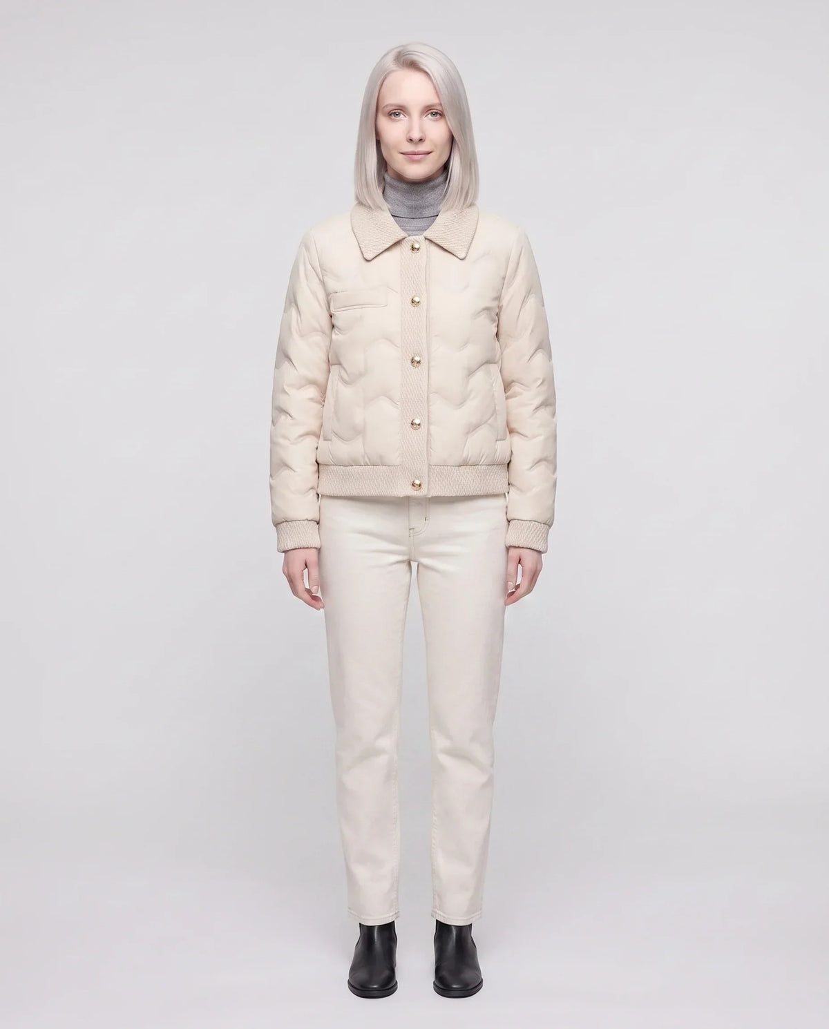 Short Quilted Jacket with Knit Collar