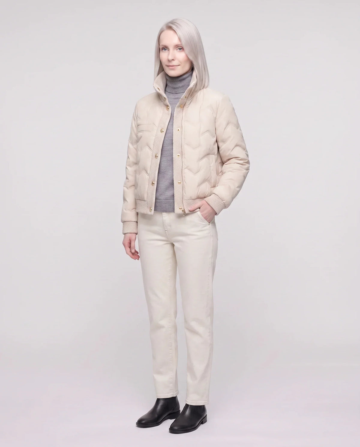 Short Quilted Jacket with Knit Collar