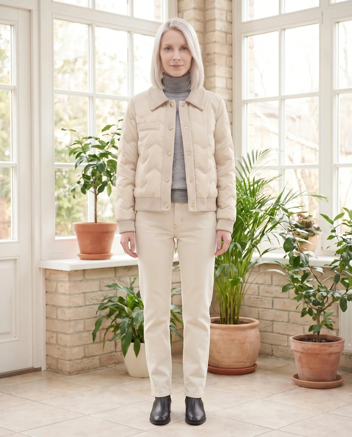 Short Quilted Jacket with Knit Collar
