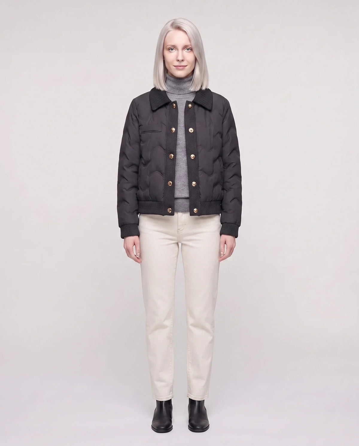 Short Quilted Jacket with Knit Collar
