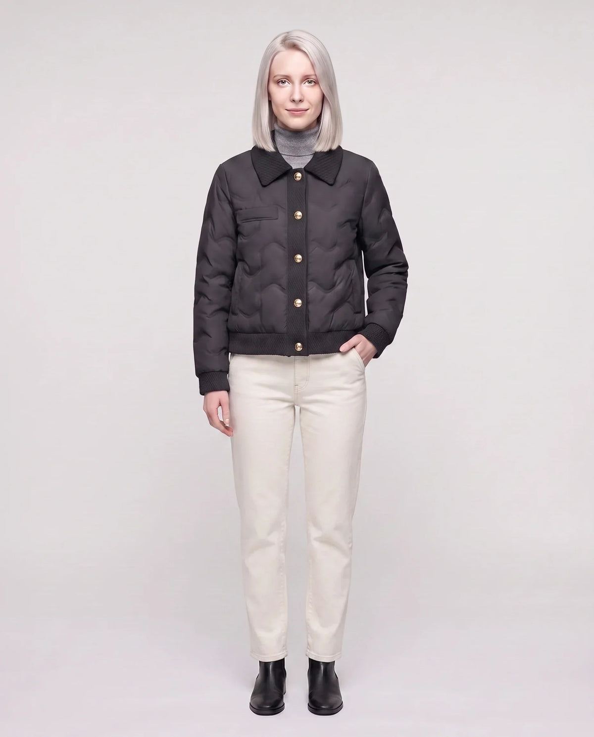 Short Quilted Jacket with Knit Collar