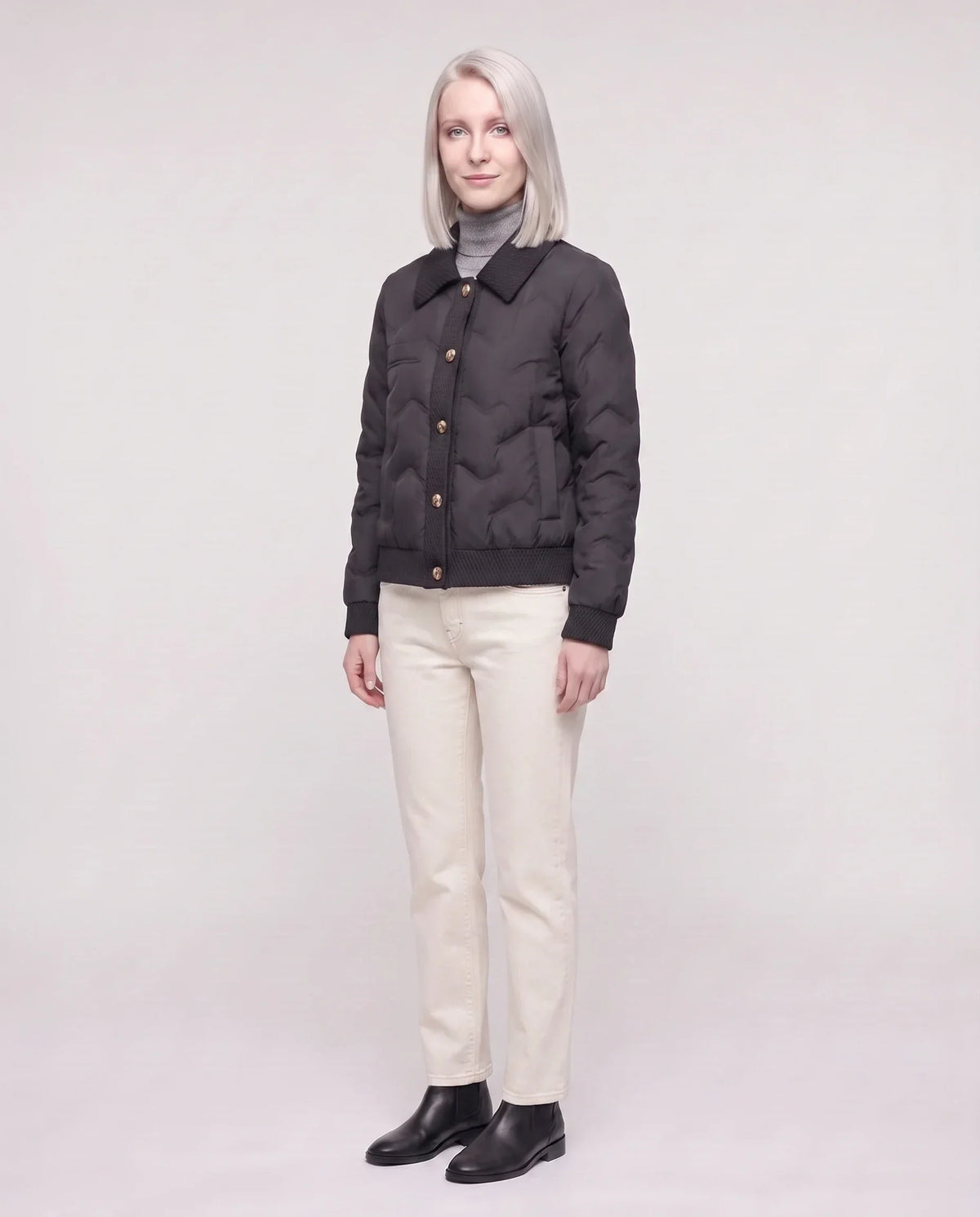 Short Quilted Jacket with Knit Collar