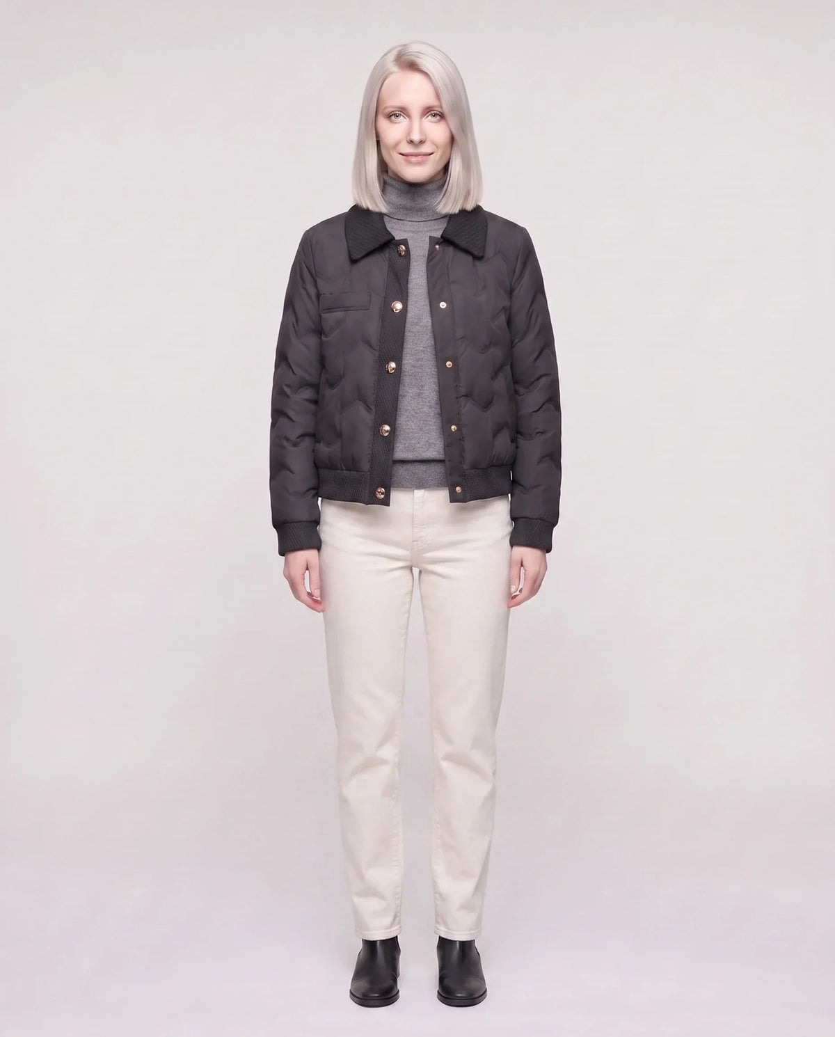 Short Quilted Jacket with Knit Collar