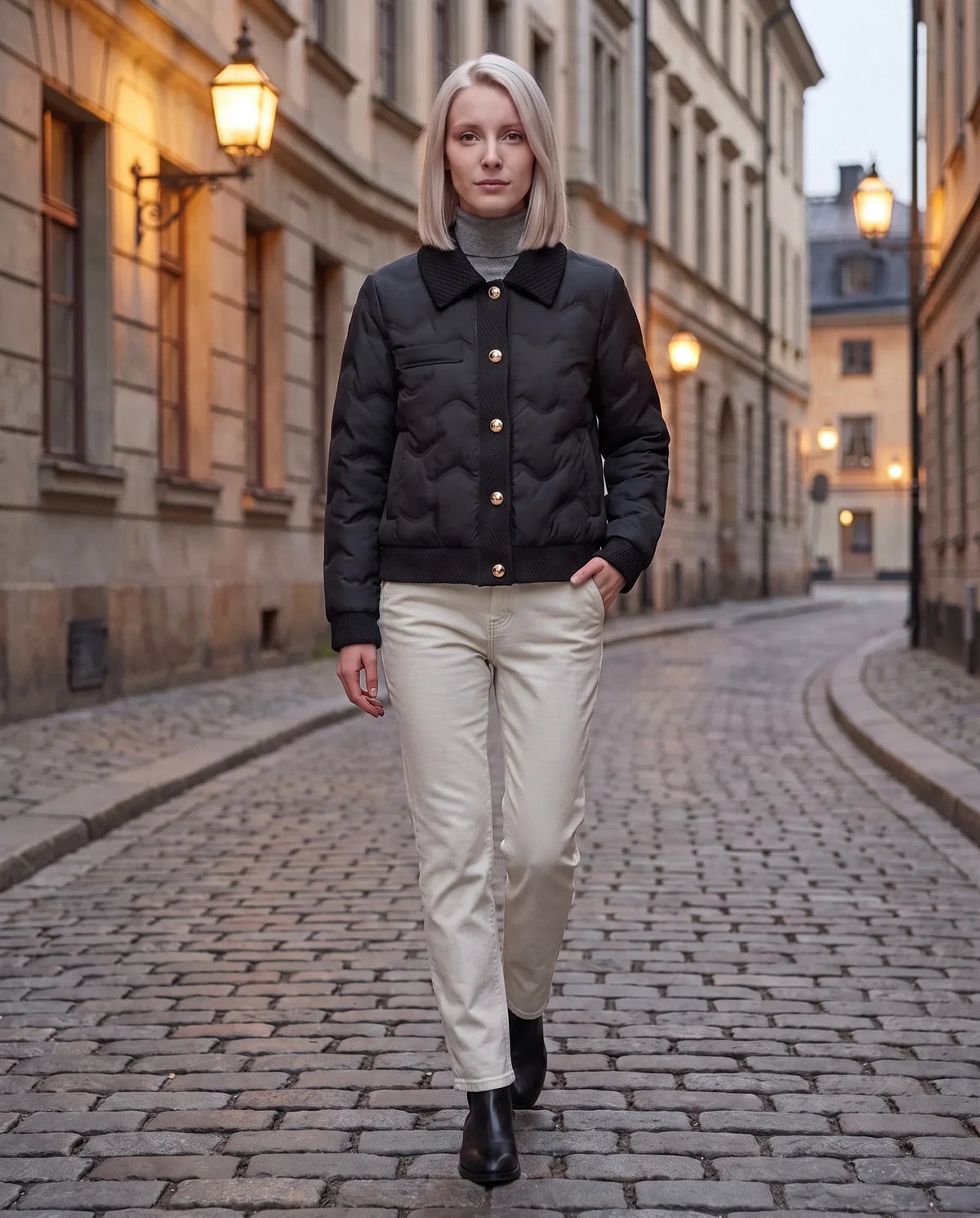 Short Quilted Jacket with Knit Collar