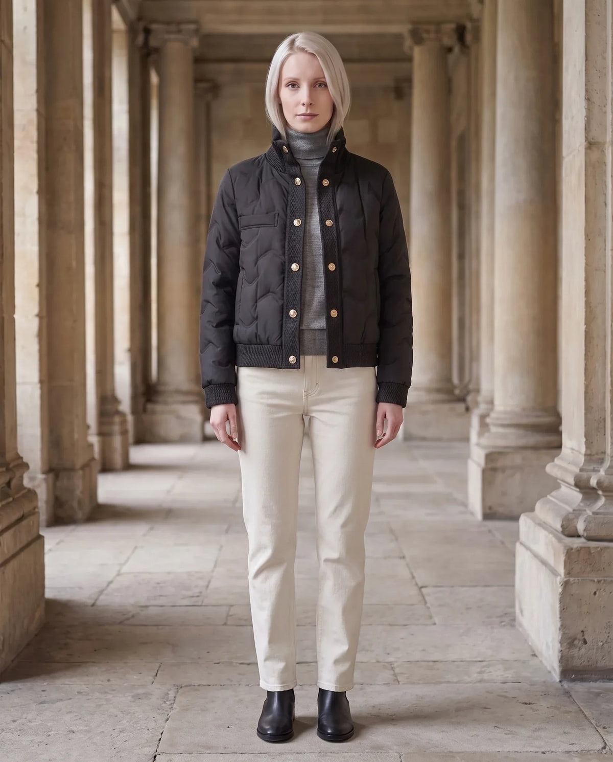 Short Quilted Jacket with Knit Collar