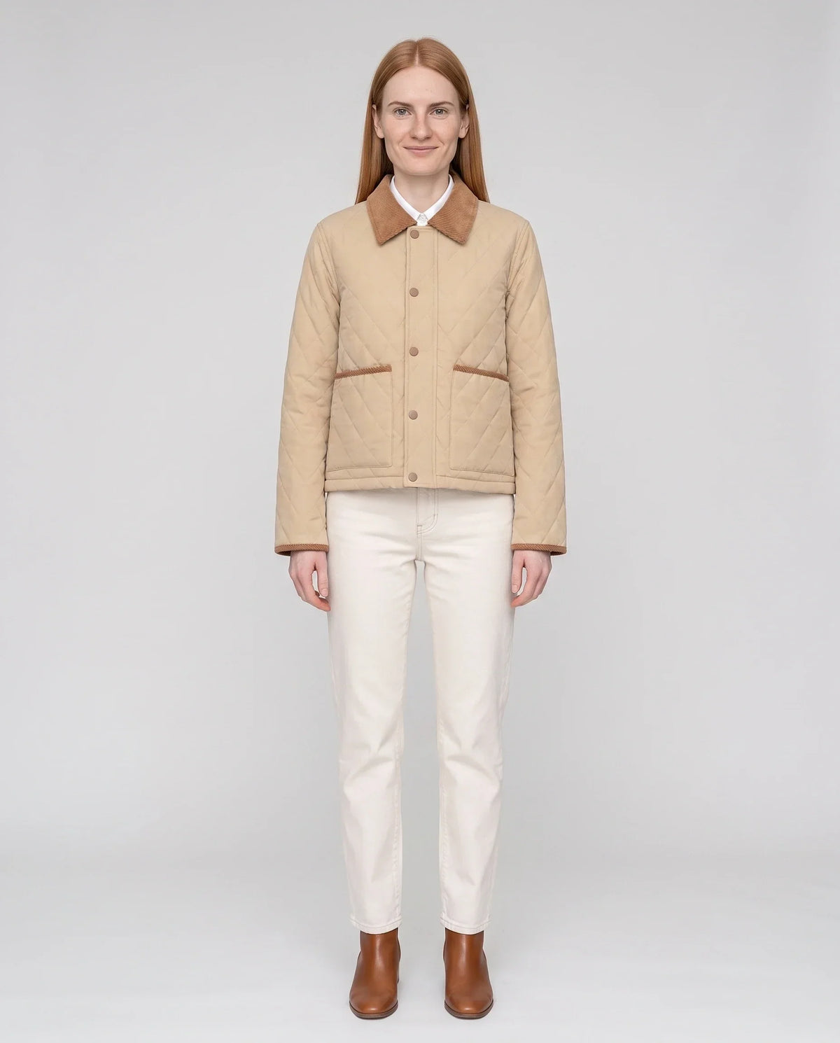 Short Quilted Jacket with Corduroy Collar