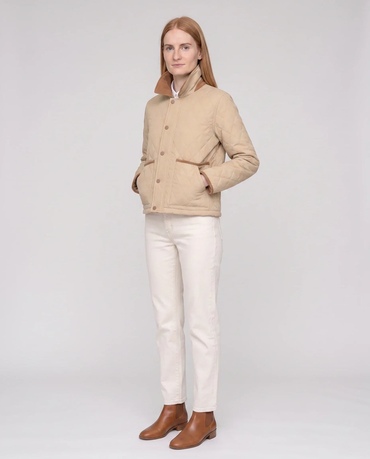Short Quilted Jacket with Corduroy Collar