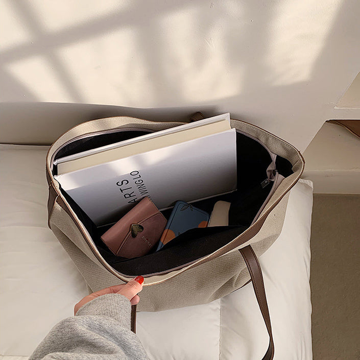Tote Bag Textured Canvas with Faux Leather Trim and Zip