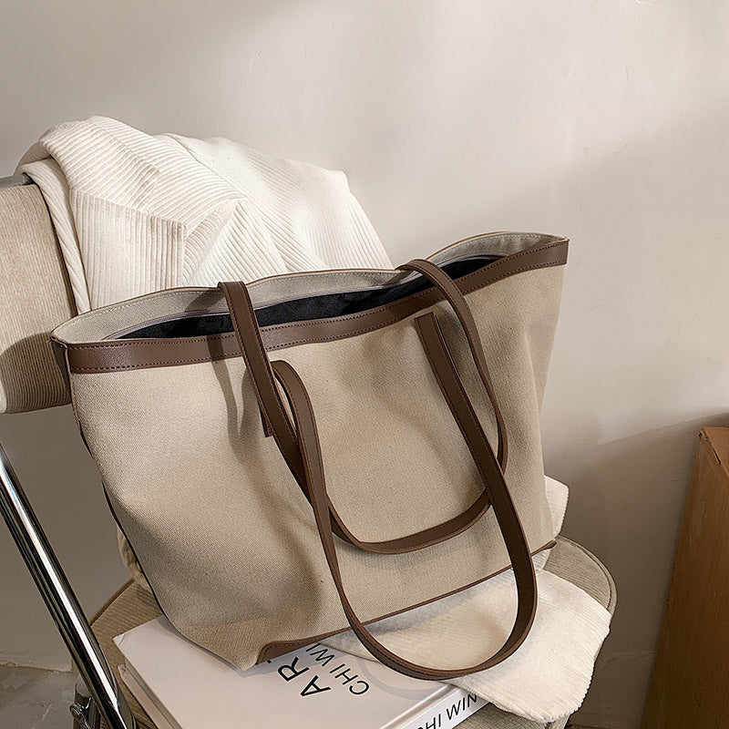Tote Bag Textured Canvas with Faux Leather Trim and Zip