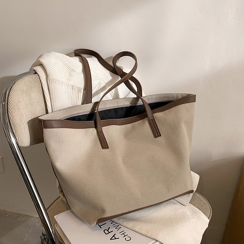 Tote Bag Textured Canvas with Faux Leather Trim and Zip