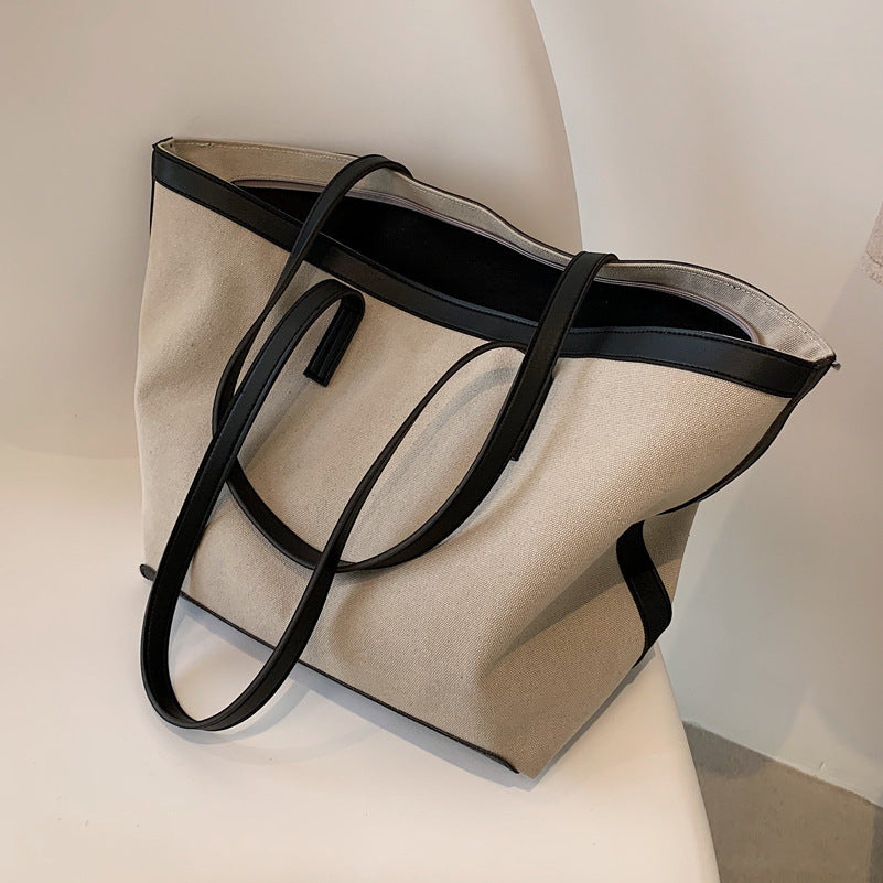 Tote Bag Textured Canvas with Faux Leather Trim and Zip