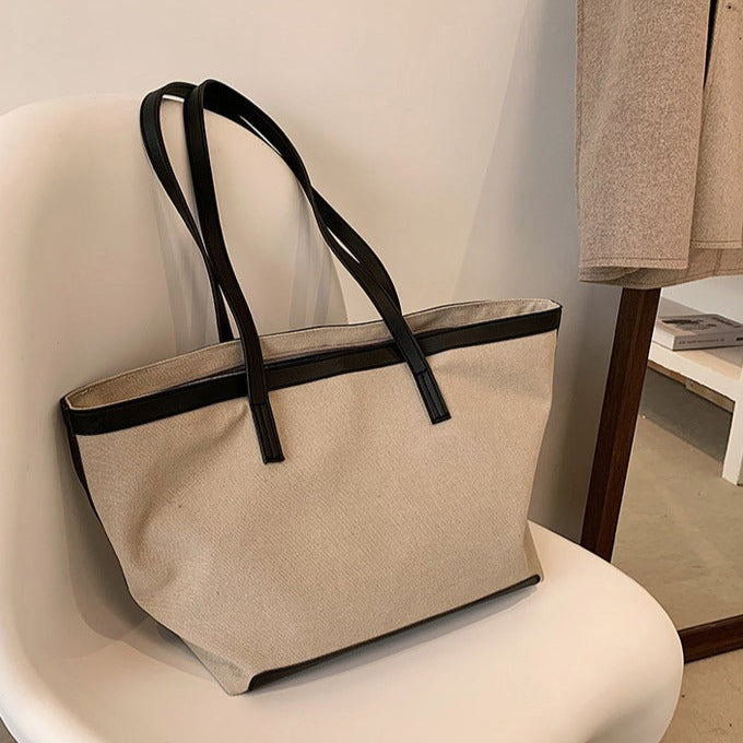 Tote Bag Textured Canvas with Faux Leather Trim and Zip