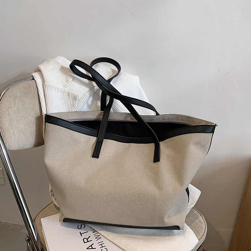 Tote Bag Textured Canvas with Faux Leather Trim and Zip