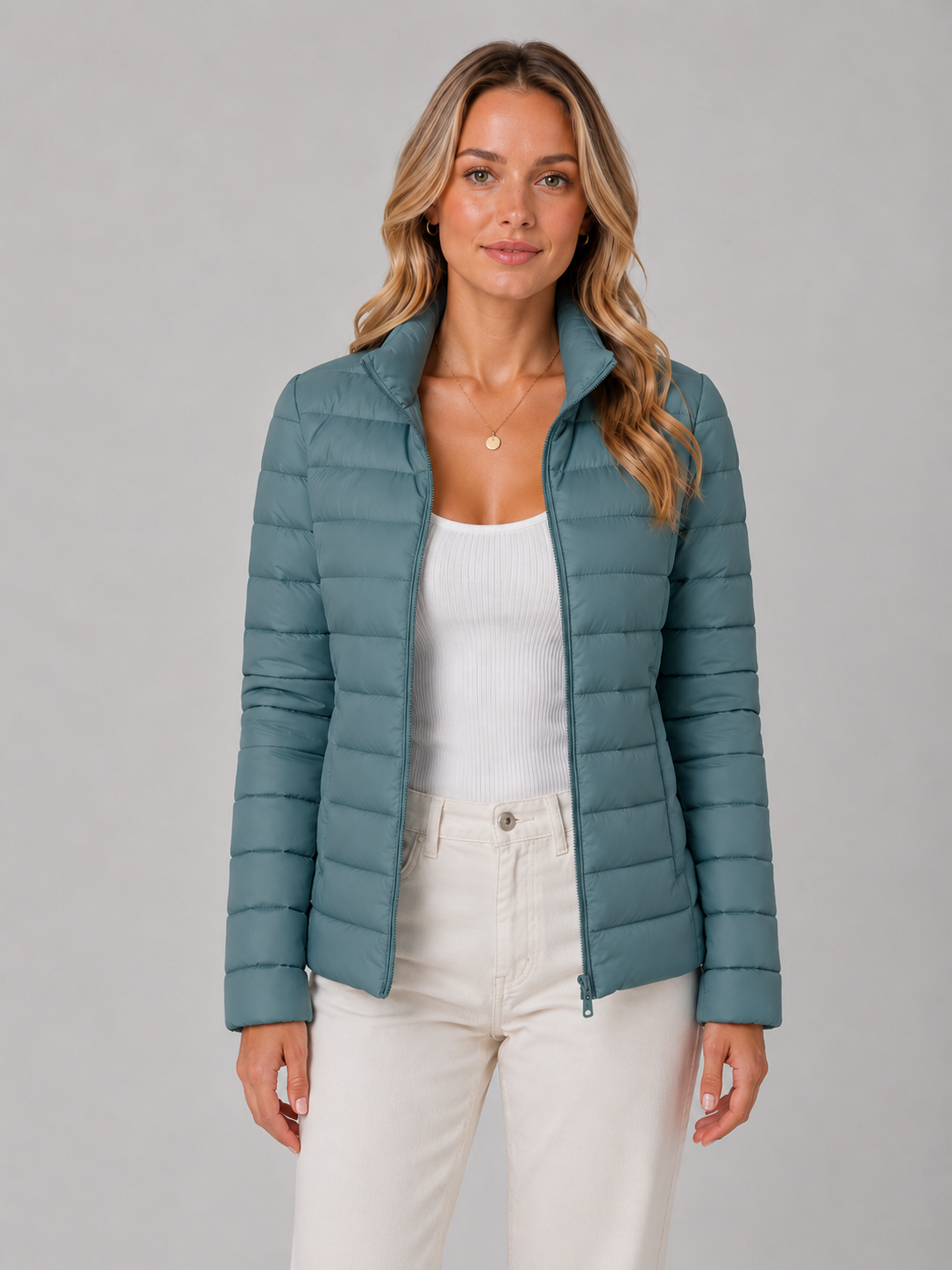 Puffer Jacket Polyester Slim Fit Lightweight with Stand Collar, Zip