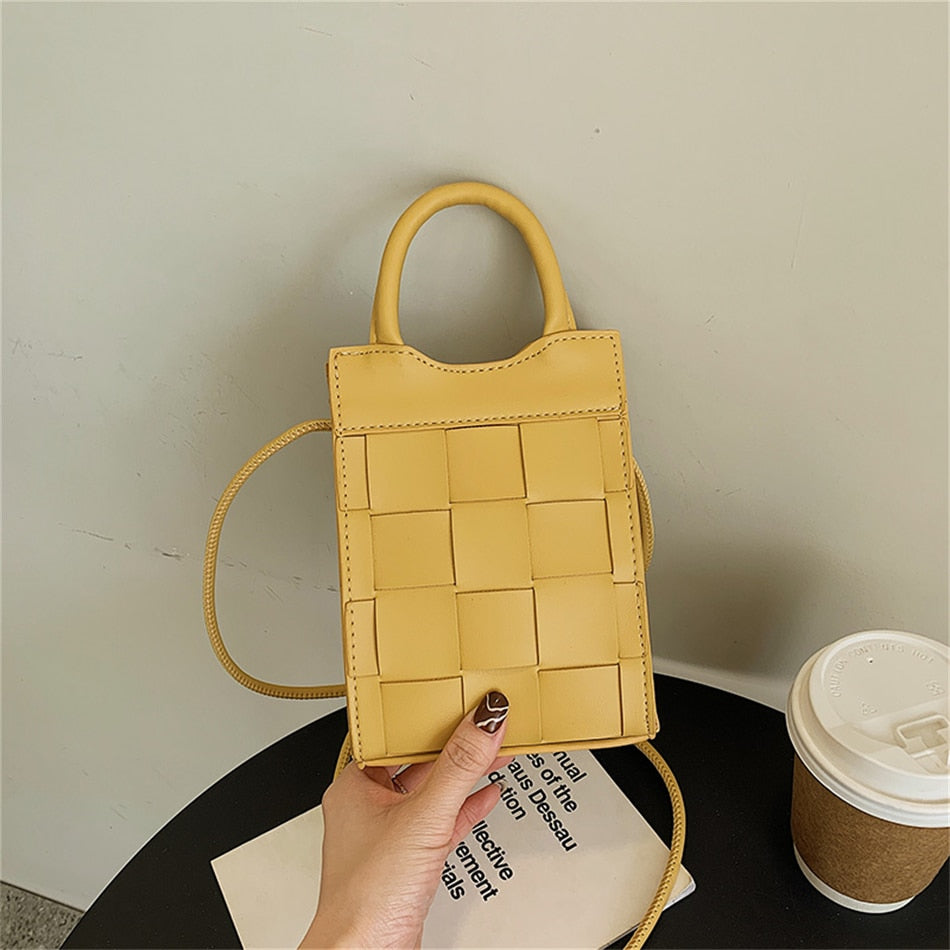 Phone Bag Faux Leather Woven with Top Handles and Strap